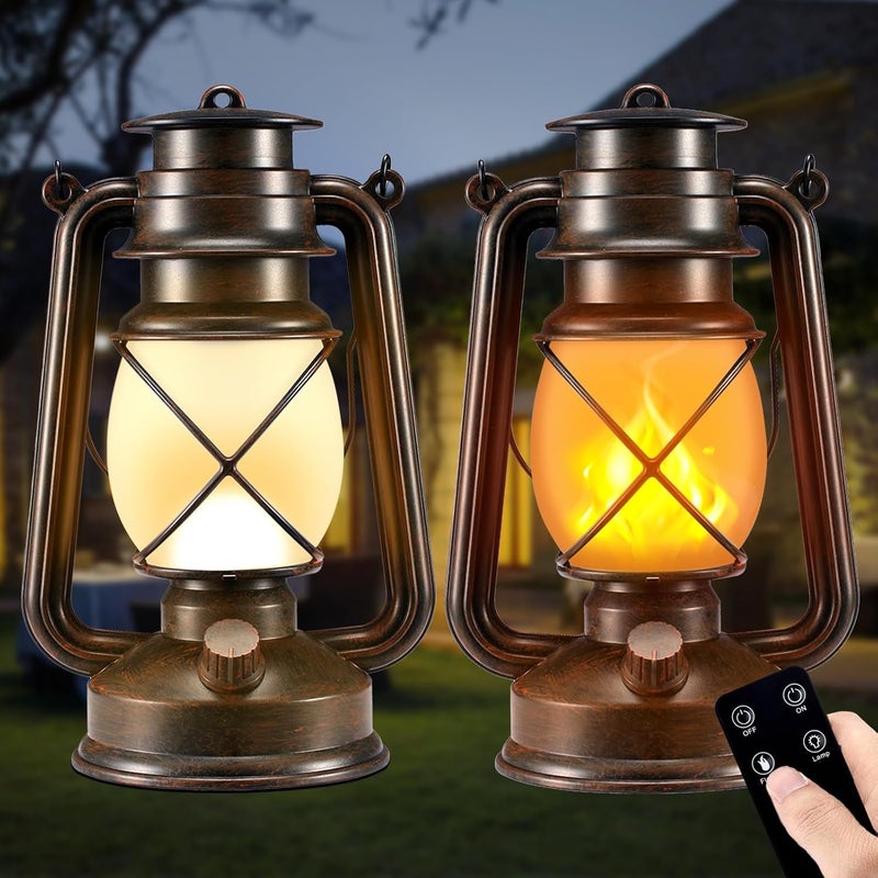 Marlrin Battery-Powered 2 Modes Lighting LED Vintage Lanterns Decorative Outdoor & Indoor, 2 Pack Bronze Lights with Dancing Flame, Waterproof Remote Control Retro Lanterns Decor for Room,Garden,Porch - Image 1